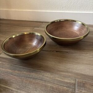 Set Of 2 Wooden Bowls With Gold Trim Large, Small Made In India.‎ Food Safe